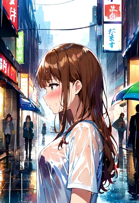 woman、Blushing、Brown Hair、Profile of a person crying while looking down、Wet with rain、Rainy outdoors、bleak cityscape background、See-through T-shirt、