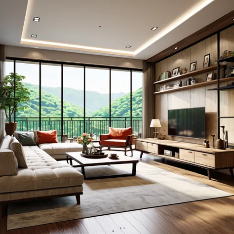 Real、Realistic、Stylish living room、sofa、Chair、table、I can see outside