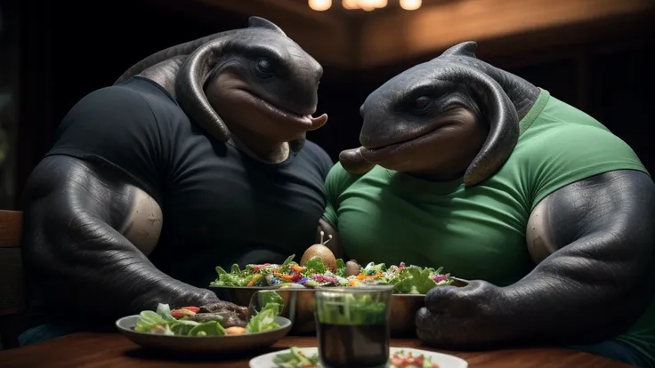 muscular gantu, huge muscles, 3 fingers, t-shirt, sitting at the table, eating salad with a human friend, (best quality,4k,8k,hi...