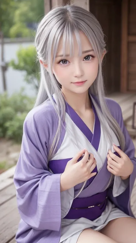 Highest quality、Swedish girls、１people、（hair silver）、（Gray Eyes）Baby Face、My breasts are a little large、Short、（Combining Western-style dress and Japanese kimono）、（Color Purple）Short and sexy、