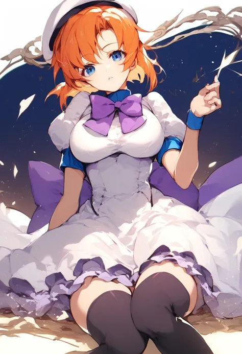 rena ryuuguu, orange hair, short hair, blue eyes, large breasts,, live stage, solo, beret, black thighhighs, bow, bowtie, dress,...