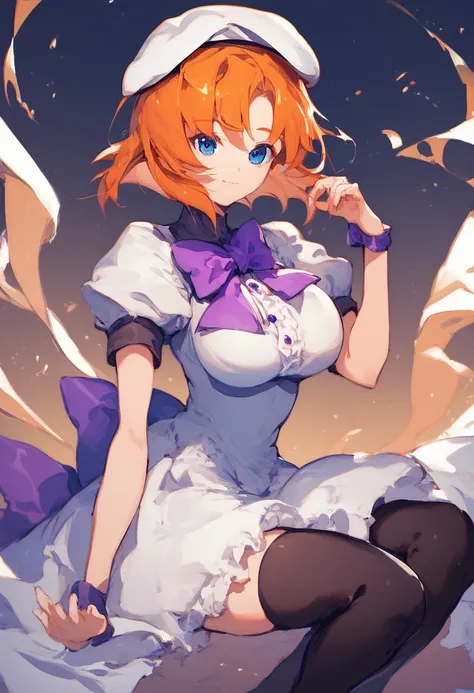 rena ryuuguu, orange hair, short hair, blue eyes, large breasts,, live stage, solo, beret, black thighhighs, bow, bowtie, dress,...