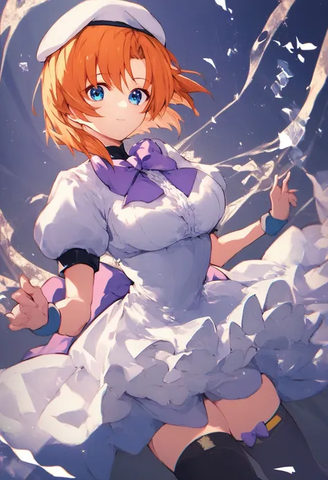 rena ryuuguu, orange hair, short hair, blue eyes, large breasts,, live stage, solo, beret, black thighhighs, bow, bowtie, dress,...