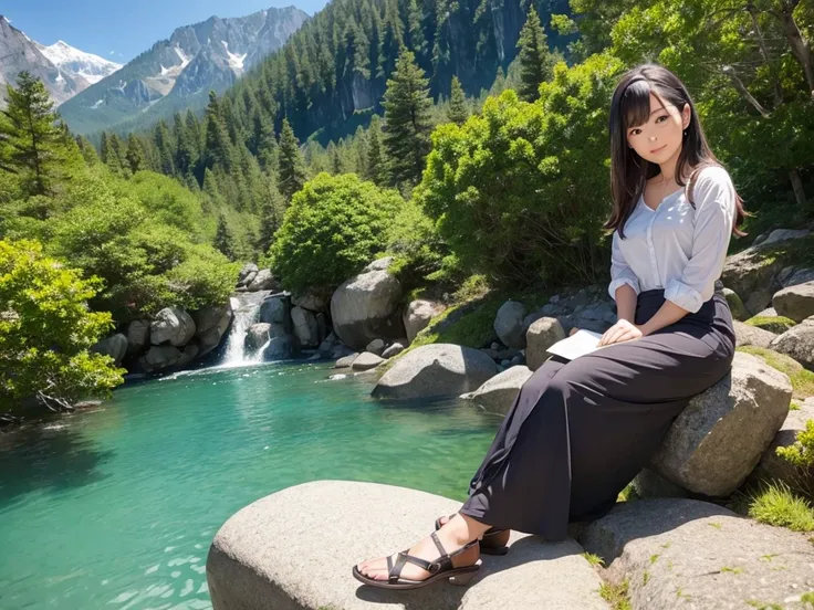 Woman sitting on rock 、Beautiful forest, high mountains of the Alps, one bird 、Realistic, Masterpiece, Cinematic