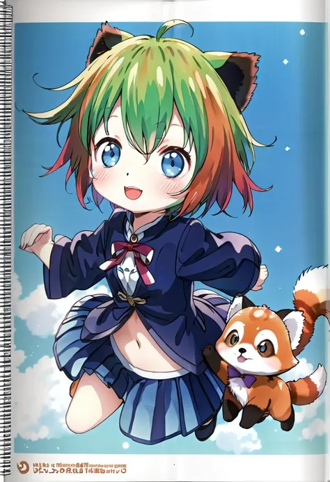 Blue-green hair　girl　Blue Eyes　Short Hair　Red panda stuffed toy　Second Dimension　anime　Chivalry　An illustration　vtuber　Double teeth 