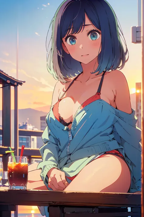 (Highest quality:1.4、masterpiece:1.4、Super detailed:1.4、8K:1.4)、F cup bust、Big Breasts、Slim body、((((1 person、Surprised expression、sit、In the background are the urban buildings of Tokyo、Looking at the camera、Outdoor café terrace、Sunset Beach、Navy hair colo...