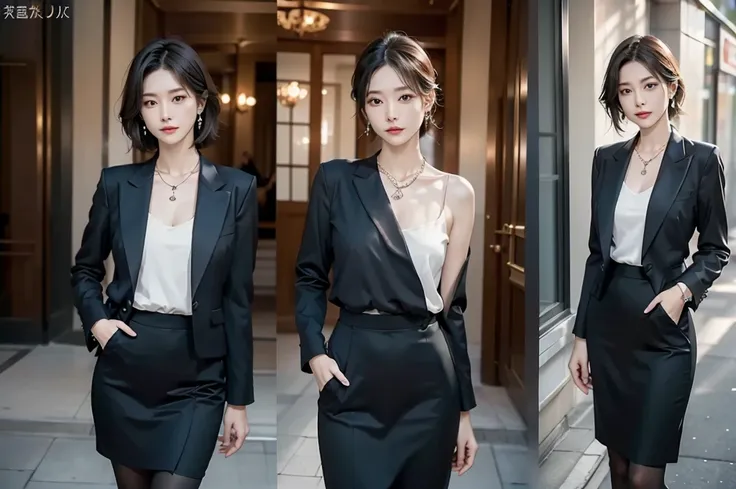 necklace, ring, watch, Earrings, (funeral:1.3), skirt, Black formal suit, whole body, slender, 40 year old Japanese, woman, Beautiful face, Highest quality, Ultra-high resolution, (realism: 1.4), Depth of written boundary, Beautiful Face, (Purelos Face_v1:...