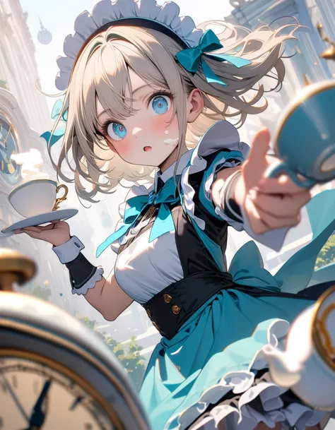 (8K, best quality, master piece: 1.2), super high resolution, depth of field, ultra-detailed face, detailed eyes, blue eyes, cream hair, Aqua apron maid, black facinator ribbon decoration, Alice costume, teacup and teapot are floating in the air, clock and...