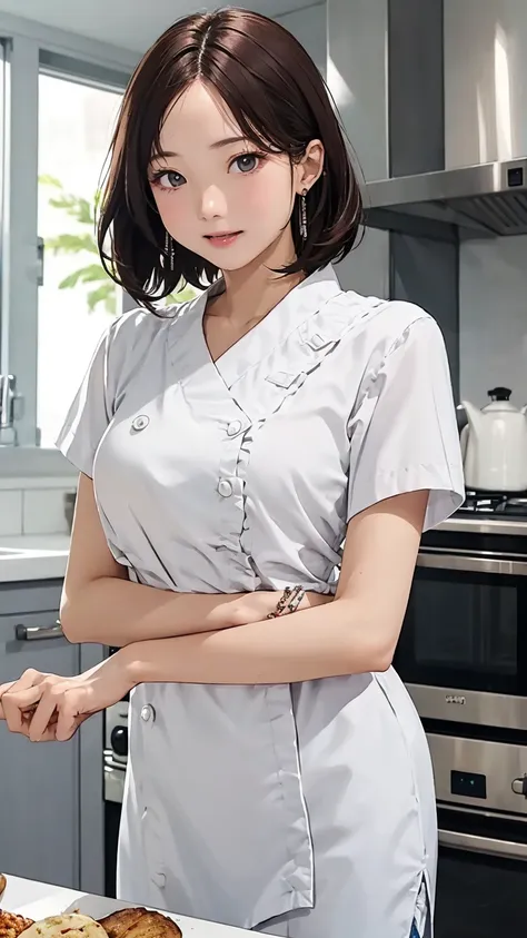 Young wife in the kitchen、Being hugged from behind、Super detailed、Particles of light:0.5、Shiny and smooth skin texture、、Beautiful clear eyeouth half open、Natural Texture、Short Hair、、Mature slender beauty、Small breasts、Dignified face、Boyfriend Shirt