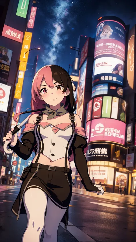 masterpiece, Best quality,facing the viewer, 1 girl, (neopolitan), smile, heterochromia, holding an umbrella in his hand, (under rain), Background Night City, skyscrapers, advertising signs, neon lights