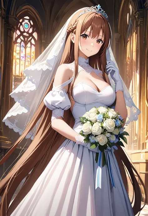 Highest quality、Super detailed、High resolution illustrations、Ultra-high-definition CG、８k size wallpaper、Production Art、Light novel illustrations、（１People Girls)、asuna yuuki, long hair, bangs, brown hair, brown eyes, very long hair, braid、A smile full of ha...