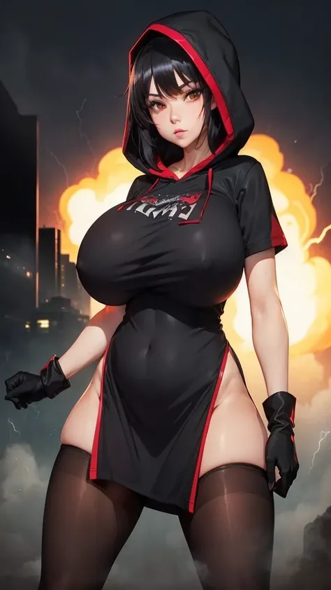 city, fog, (huge boobs), (huge hips), darkness woman black hair, black red hoodie mini dress, pantyhose, hood, gloves, fog, boom, ( lightning background), (((two arms crossed  hoodie))),