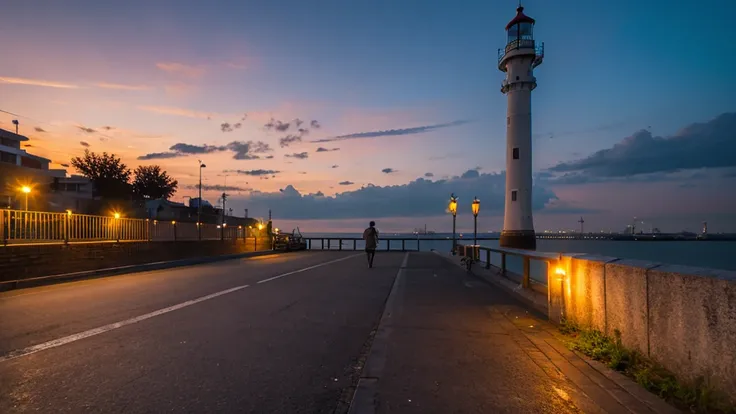 sunset,Fishing port,Lighthouse,Sidewalk,fencing