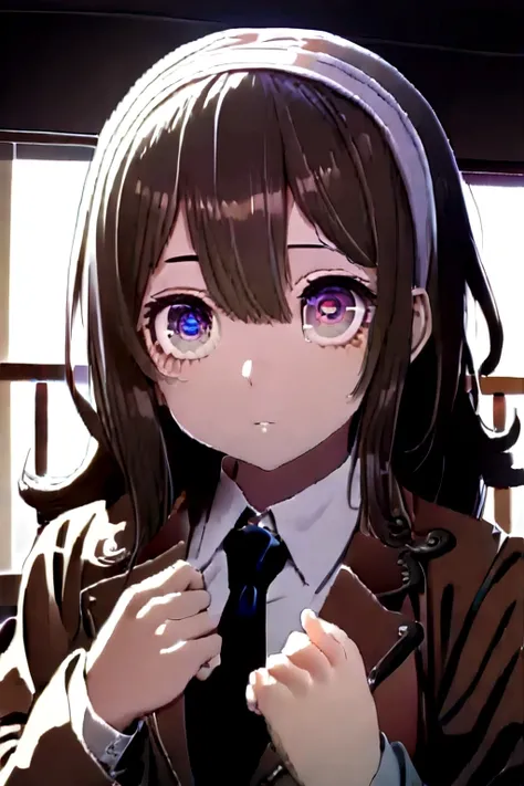 nanaminishijou, nanami nishijou, long hair, brown hair, (purple eyes:1.1), hairband, hair between eyes,
BREAK skirt, , jacket, plaid, black pantyhose, plaid skirt, blazer, (brown jacket:1.2), (brown blazer:1.2),
BREAK looking at viewer,
BREAK indoors, clas...