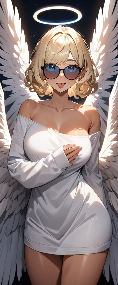 (((One girl))), (((cowboy shot))), ((tanned skin:1.3)), ((sunglasses, hand to sunglasses)), ((angel, big big white wings:1.2, halo:1.3)), open mouth, ((stick out tongue)), ((wavy hair, outward curled hair)), evening, Sunset, sea, beach, ((blond hair, bob c...