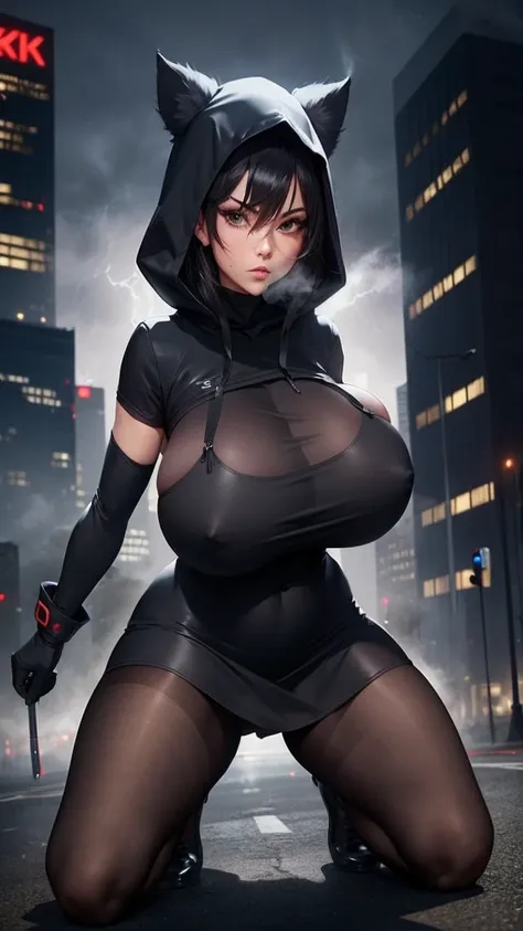 city, fog, (huge boobs), (huge hips), darkness woman black hair, black red hoodie mini dress, pantyhose, hood, gloves, fog, boom, ( lightning background), (((two arms crossed  hoodie))),