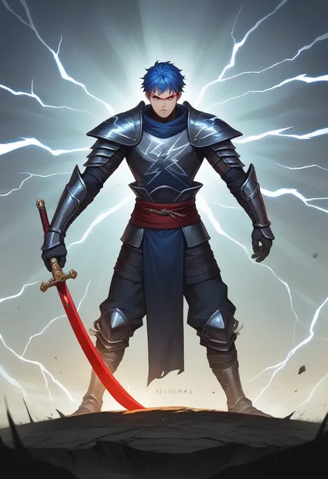 A 3d image of a man wearing black armor ninja knight, blue hair, sharp red eyes standing holding a fiery samurai sword, looks fierce, pitch black,The background is an inscribed logo "Chandra" lightning, lightning,strong winds,abstract, ultra 3d, landscape.