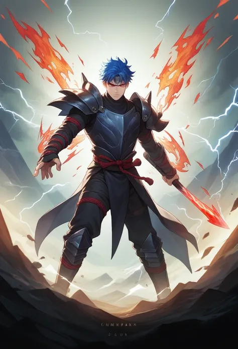 A 3d image of a man wearing black armor ninja knight, blue hair, sharp red eyes standing holding a fiery samurai sword, looks fierce, pitch black,The background is an inscribed logo "Chandra" lightning, lightning,strong winds,abstract, ultra 3d, landscape.