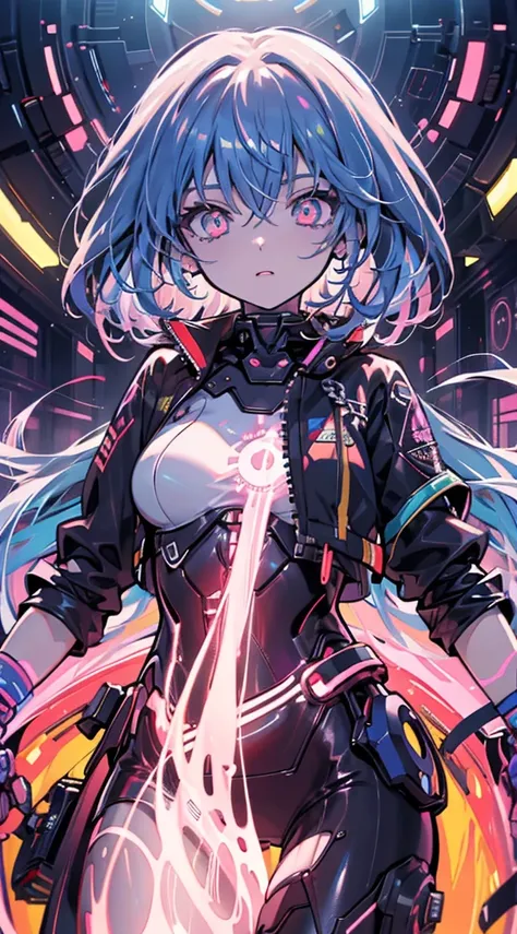 glowing eyes, colourful glowing hair, wearing sci-fi jacket, anime style, high detail, Futurism, glowing light, UHD, retina, masterpiece, ccurate, anatomically correct, textured skin, super detail, high details, high quality, award winning, best quality, h...