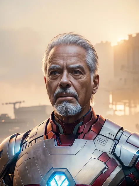 a hyper realistic aged man wearing an avenger iron man costume, straight face, looking directly at the camera, masterpiece, photorealistic, 8k, hyper detailed, cinematic lighting, dramatic shadows, vibrant colors, high contrast, unreal engine, digital art,...