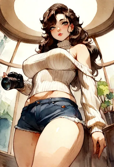 (), big ,(masterpiece), Best quality, extremely detailed, (watercolor), blossom, Delicate and beautiful, illustration, (from below),(1 girl:1.4), (One:1.2), big breasts, (ribbed sweater:1.3), off shoulder sweater, (short shorts:1.2), bare shoulders, (lower...