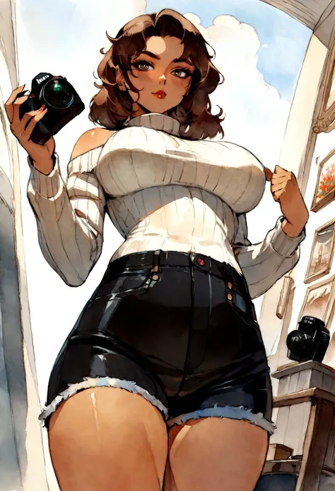 (), big ,(masterpiece), Best quality, extremely detailed, (watercolor), blossom, Delicate and beautiful, illustration, (from below),(1 girl:1.4), (One:1.2), big breasts, (ribbed sweater:1.3), off shoulder sweater, (short shorts:1.2), bare shoulders, (lower...