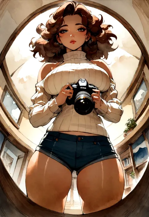 (), big ,(masterpiece), Best quality, extremely detailed, (watercolor), blossom, Delicate and beautiful, illustration, (from below),(1 girl:1.4), (One:1.2), big breasts, (ribbed sweater:1.3), off shoulder sweater, (short shorts:1.2), bare shoulders, (lower...