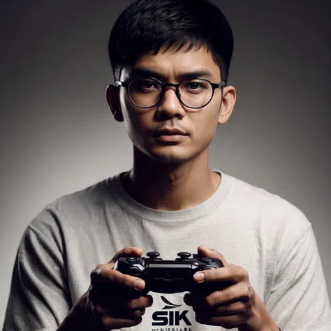 An image of an Indonesian man, with short black hair, French crop hairstyle, oval face, wearing glasses, standing and looking seriously at the camera, holding a game console, bold gray background, realistic, ultra HD, masterpiece, 4k