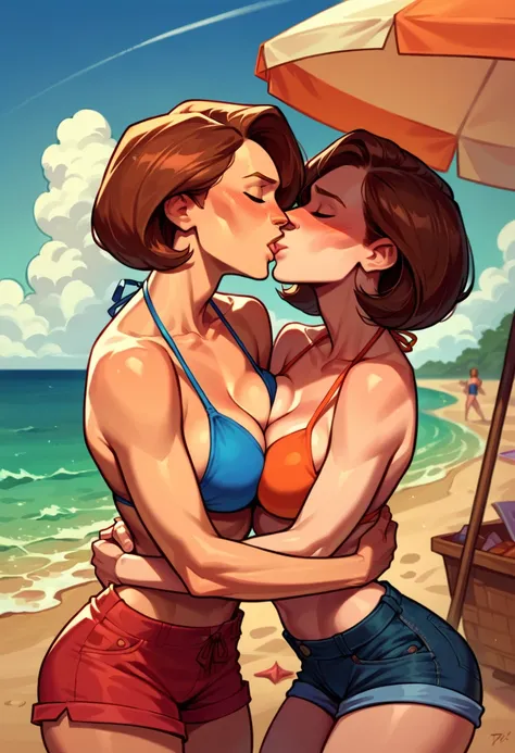 score_9, score_8_up, score_8_up, source_cartoon, 2girls, (Helen Parr, orange-red hair:1.0), (Aunt Cass, brown hair:1.0), girlfriends, cleavage, bikini top, shorts, beach, outdoors, standing, hugging, kissing, blush.