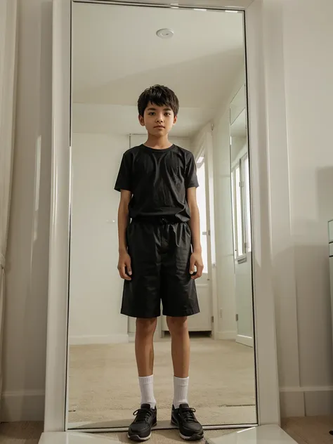 boy, stands near the mirror building