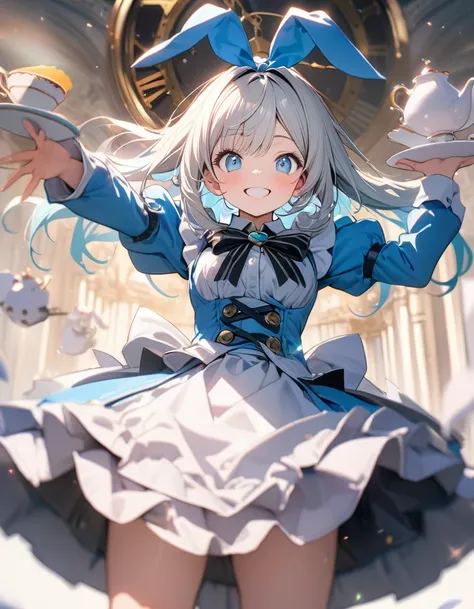 (8K, best quality, master piece: 1.2), super high resolution, depth of field, ultra-detailed face, detailed eyes, blue eyes, cream hair,ロングヘア,Aqua ロリータファッション,白のフリル付きエプロン,smile,black facinator ribbon decoration, Alice costume, teacup and teapot are floating...