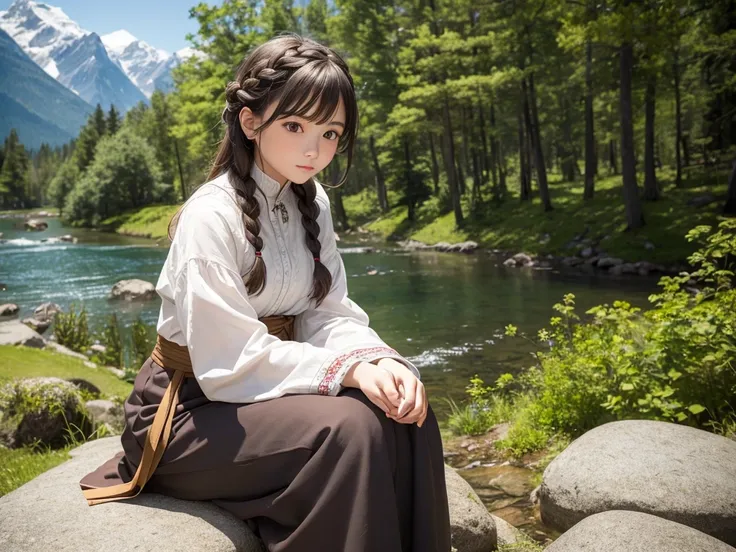 Cute girl sitting on rock 、Beautiful forest, high mountains of the Alps, one bird 、Cute girl, detailed beautiful eyes, braids, realistic, masterpiece, cinematic, Gorgeous national costume
