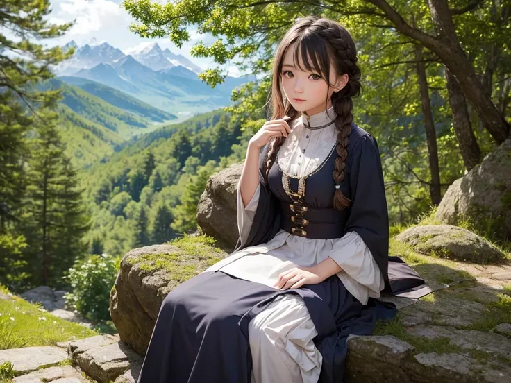 Cute girl sitting on rock 、Beautiful forest, high mountains of the Alps, one bird 、Cute girl, detailed beautiful eyes, braids, realistic, masterpiece, cinematic, Gorgeous national costume
