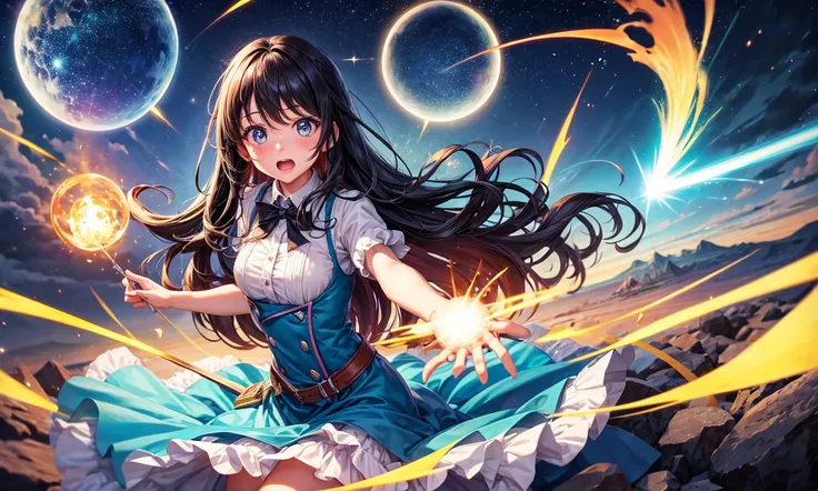 Magician girl with surprised expression tripped by meteor vortex magic