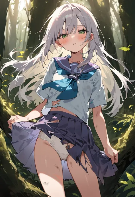 beautiful detailed girl,(masterpiece,best quality,extremely detailed:1.2),((cowboy shot:1.1)),(solo,10 years old,kawaii,slender,small breasts:1.25),(pained look:0.8),((white underwear) in ((Torn school uniform)):2),(dirty:2),blush,shy,weep,standing,(deep f...