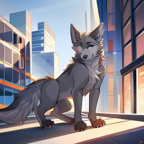 Solo, male, furry art, fursona, ((canine)), (((grey primary fur))), white secondary, (perky ears), cool pose, city background, amazing art, masterfully executed, beautiful background, normal body, paws.