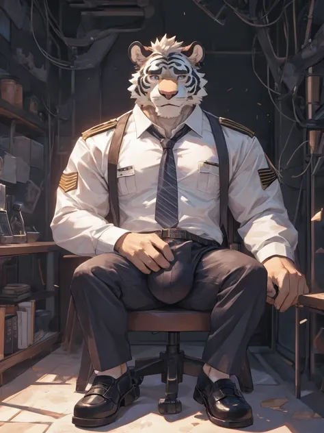 {{bara extremely handsome white tiger,}} {{white fur,}} white, wearing military like purple trench coat purple trousers and white dress shirt and necktie, white fluffy furry body and limbs, loafers, very tall, very broad shoulders, narrow waist, muscular a...