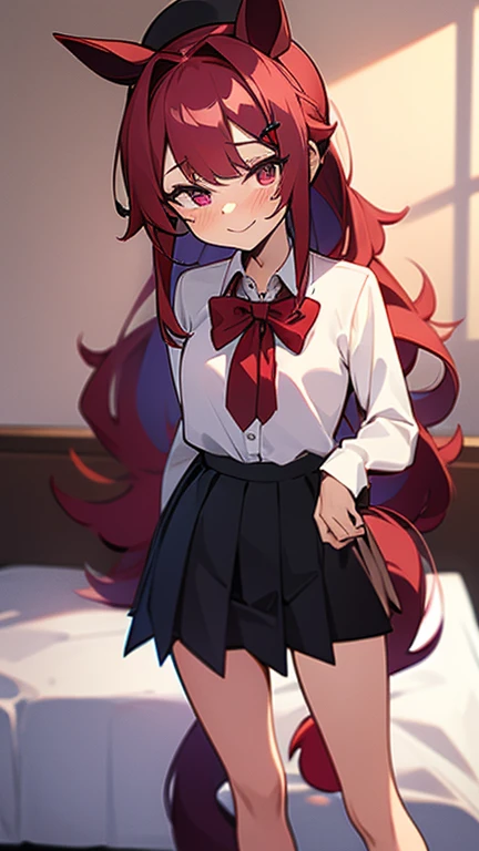 high tail hairstyle, Horse tail, Long wavy black hair, standing posing, anime girl style, pixel art anime style,penetrating look with deep eyes,red and purple eyes, hair with a ponytail hairstyle caught with a red bow, Women, red hair clips, black hat, sho...