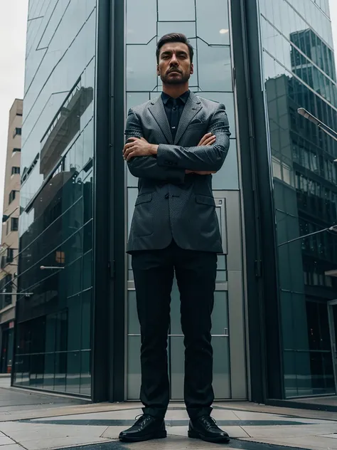 a man stands leaning on a building made of glass panels