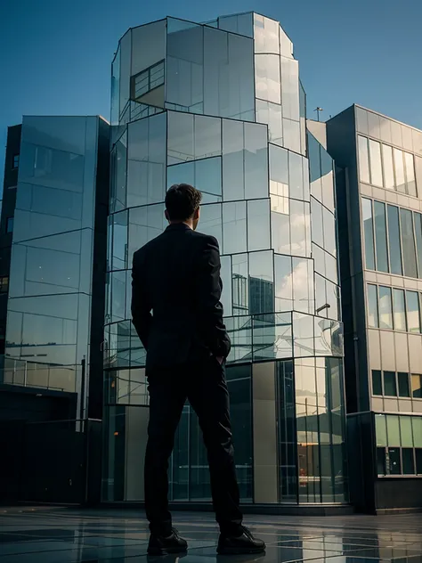 a man stands leaning on a building made of glass panels