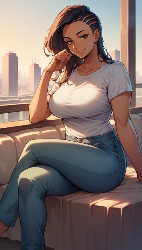 laura matsuda, mature, brown skin, white t-shirt, jeans, sit, crossed legs, smile, morning, city, strong