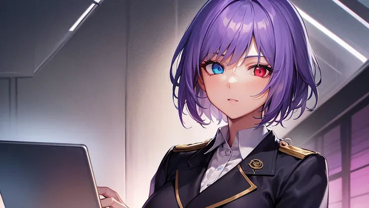 Highest quality, 8K, 4K, High resolution, (Beautifully detailed face), High Contrast,1girl,only,short hair,purple hair,heterochromia(red eyes,blue eyes), Highly detailed slanted eyes, Moderately sized breasts, Blazer-type uniform, Learning, laptop