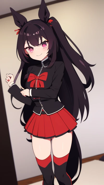 high tail hairstyle, Horse tail, Long wavy black hair, standing posing, anime girl style, pixel art anime style,penetrating look with deep eyes,red and purple eyes, hair with a ponytail hairstyle caught with a red bow, Women, red hair clips, black hat, sho...