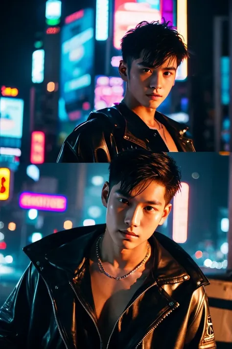 Werewolf, Thai BL actor, 18 years old, very handsome., My hair is very short and has an undercut., black jacket, Futuristic neon cyberpunk city