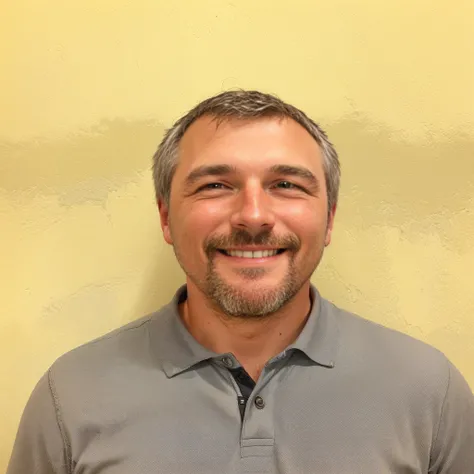 smiling man in grey shirt standing in front of a yellow wall, greg rutwoski, greg kutkowski, greg rukowski, greg rutkovski, greg rutkowsi, kenny schar, paul pepera, greg rutkovsky, greg rutkowsky, greg rutkwoski, mike franchina, steve belledin, greg rutkow...