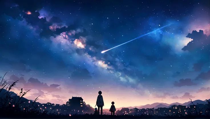 City of night、The sky is wonderful、meteor、3 year old little boy sitting on top of a building、Brown Hair、Back view、The city is bright with streetlights、Landscape Main、highest quality、Anime Scenery、Xin Haichen、building、Field、Milky Way 110207, distant 3 year ...