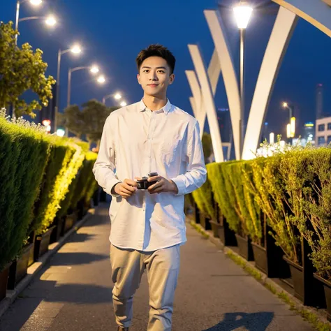 Masterpiece, best quality, height, Ultra high resolution,TRUE, photoTRUEistic,young man,handsome face,evening,natural light,look at viewer,outdoor,full body,smile,round face,short hair,Eye details,Shanghai city road,night scenery