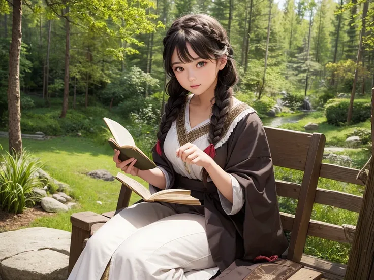 Cute girl sitting on rock 、Beautiful forest, high mountains of the Alps, one bird 、Cute girl, detailed beautiful eyes, braids, realistic, masterpiece, cinematic, Gorgeous ethnic clothing, reading an old big book