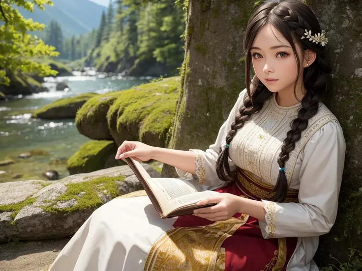 Cute girl sitting on rock 、Beautiful forest, high mountains of the Alps, one bird 、Cute girl, detailed beautiful eyes, braids, realistic, masterpiece, cinematic, Gorgeous ethnic clothing, reading an old big book