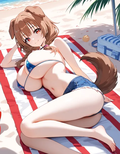 (huge breasts:1.1) (masterpiece) (high quality) (best quality) (1girl), (solo), (slim waist:1.3), (looking at viewer), Inugami Korone, vtuber, slight smile, full body portrait, dog ears, by maenchu, jean shorts, tiny bikini bra, detailed eyes, dog tail, la...